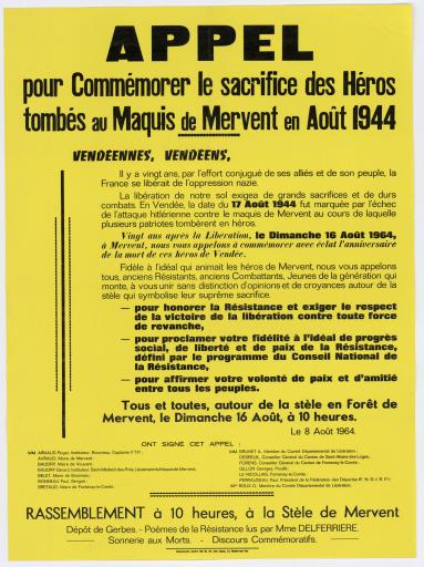 Appel pour commémorer le sacrifice des héros tombés au maquis de Mervent en août 1944 / signé par : Roger Arnaud, Avraud, Baudry, ...